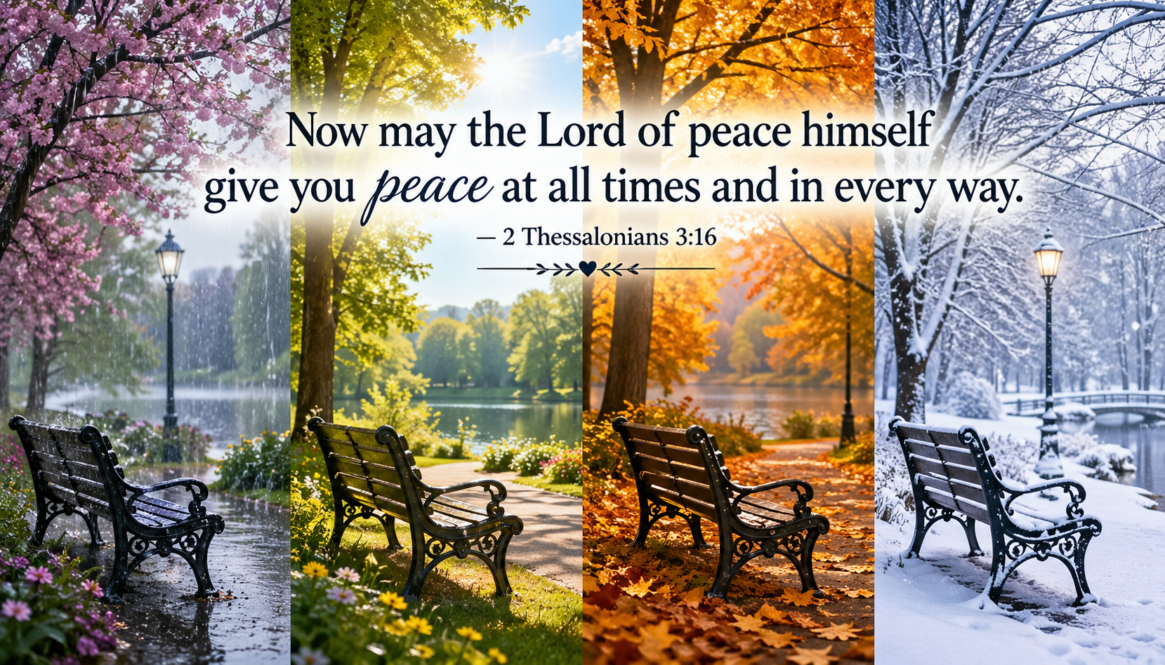 Bible verse wallpaper 2 Thessalonians 3:16 with park bench shown in four seasons spring summer autumn winter